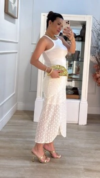 Saia Midi Rendada Fenda Frontal Ingrid Detalhe Lenço Com Amarração