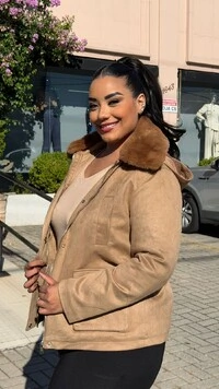 Parka Casaco Suede Sandy Capuz Com Gola De Pelo