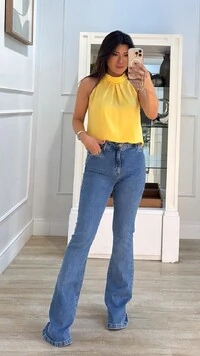 Blusa Regata Crepe Cava Americana Vivian Gola Detalhe Ondulada