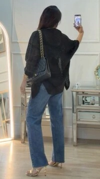 Kimono Tricot Vazado Ashley Mangas 3/4 Punhos Canelados