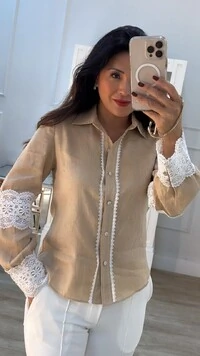 Camisa Linho Erika Mangas Bufantes Detalhe Em Renda