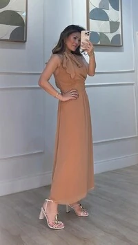 Vestido Midi Chiffon Isis Lástex Largo Na Cintura
