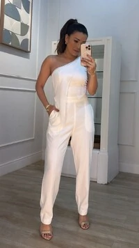 Macacão Twill Ombro Único Detalhe Em Chiffon Mary Cinto Fino