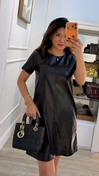 Vestido Curto Couro Eco Cami Bolsos Frontais