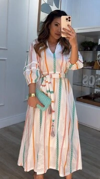 Vestido Midi Bordado Com Fio De Lurex Ingrid Cinto Faixa Com Tassel