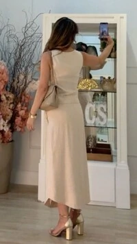 Saia Midi Bolsos Detalhe Trançado Esther Barrado Arredondado