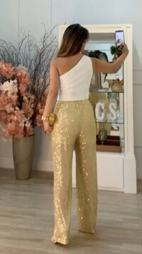 Calça Pantalona Paetê Cindy Pala Larga