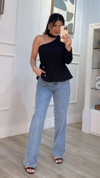 Blusa Alongada Canelada Peplum Ombro Único Chloe Cinto Fino