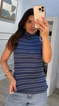 Blusa Regata Cavada Listrada Flavia Gola Média