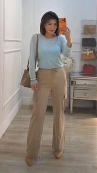 Calça Pantalona Cargo Thamires Pala Larga Com Amarração Frontal