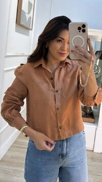 Camisa Cropped Linho Mangas Princesa Veronica Prega Posterior