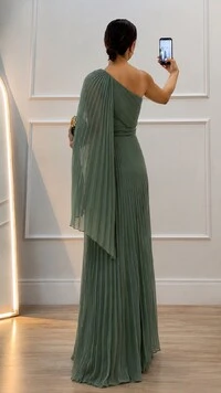 Vestido Longo Plissado Ombro Único Chloe Cinto Faixa