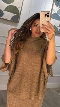 Conjunto Tricot Fio De Lurex Lavínia Poncho & Saia Midi