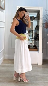 Saia Midi Evasê Prega Lateral Jolie Cinto Corda