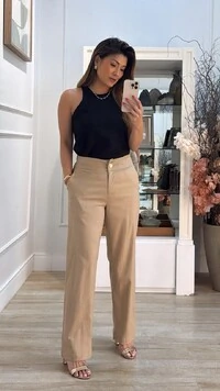 Calça Reta Viscose Com Linho Pala Larga Natasha Botão Resinado