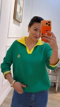 Blusa Tricot Brasil Gola Polo Fernanda Mangas Longas