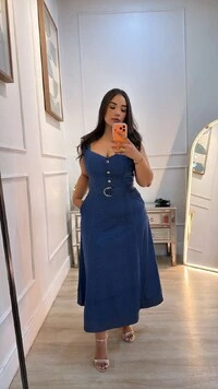 Vestido Midi Decote Coração Evelyn Cinto Faixa Pespontado
