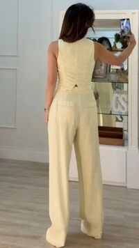 Calça Pantalona Twill Detalhe Pespontado Jessica Cinto Fino