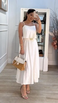 Vestido Midi Mescla Evasê Antonella Cinto Faixa Fivela Flores Duplas Douradas