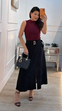 Saia Midi Evasê Fenda Frontal Rebeka Cinto Faixa Fivela Dourada