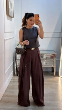 Calça Twill Detalhe De Sobreposição Catherine Pregas Frontais