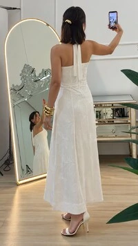 Vestido Midi Bordado Frente Única Marcia Amarração Posterior