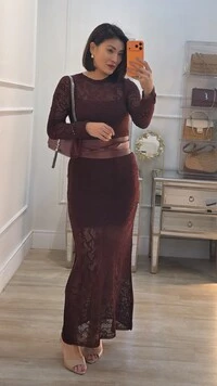 Vestido Longo Tricot Vazado Maya Mangas Longas