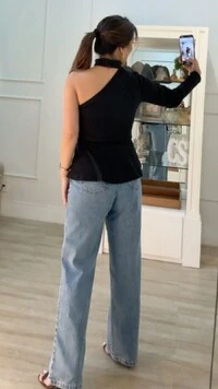 Blusa Alongada Canelada Peplum Ombro Único Chloe Cinto Fino