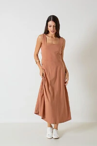 Vestido Midi Decote Reto Barbara Alças Largas