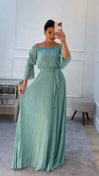 Vestido Longo Plissado Ombro À Ombro Mangas 3/4 Kate Com Cinto Faixa