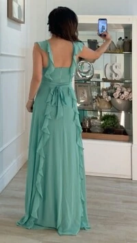 Vestido Longo Decote Coração Detalhe De Babado Zoe Com Cinto Faixa