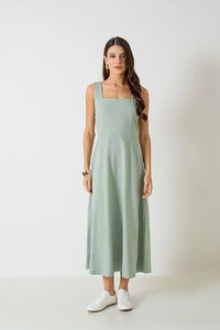 Vestido Midi Decote Reto Barbara Alças Largas
