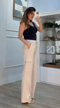 Calça Pantalona Cargo Thamires Pala Larga Com Amarração Frontal