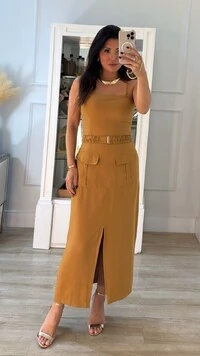 Vestido Midi Alças Finas Opcionais Britney Cinto Franzido