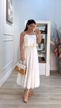 Vestido Midi Mescla Evasê Antonella Cinto Faixa Fivela Flores Duplas Douradas