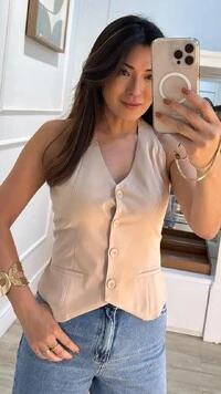 Colete Cavado Twill Barrado Assimétrico Naomi Bolsos Fake