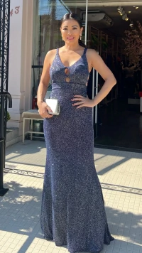 Vestido Longo Lurex Decote V Carina Recortes Vazados No Busto E Laterais