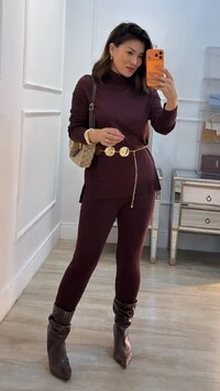Conjunto Tricot Esther Poncho Gola Rolê E Calça