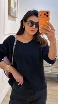 Blusa Tricot Ampla Decote V Paola Mangas Longas