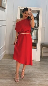 Vestido Midi Assimétrico Angélica Drapeado Nos Ombros