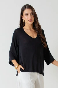 Blusa Ampla Decote V Thayna Mangas 7/8 Evasê