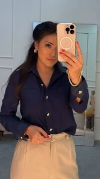 Camisa Twill Mariane Gola E Punhos Em Couro Eco