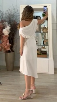 Vestido Midi Assimétrico Angélica Drapeado Nos Ombros