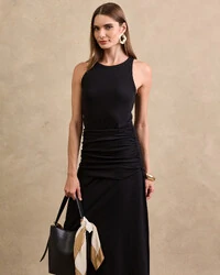 Vestido Midi Cavado Canelado Pamela Detalhe Drapeado