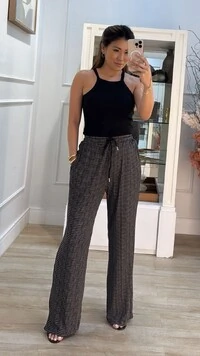 Calça Pied Poule Cinthia Pala Larga Com Amarração Frontal