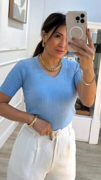 Blusa Tricot Nervuras Ellie Decote V E Mangas Curtas