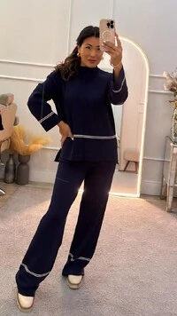 Conjunto Tricot Vilma Blusa & Calça Pantalona Com Listra Dupla