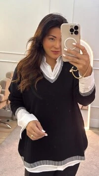 Blusa Tricot Glenda Decote V Com Bicolor Detalhe Bicolor