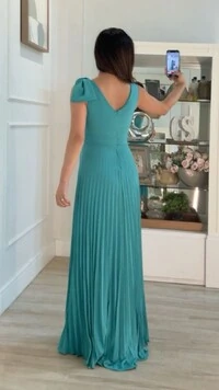 Vestido Longo Plissado Tereza Laço No Ombro
