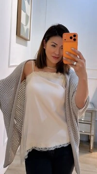 Kimono Tricot Vazado Ashley Mangas 3/4 Punhos Canelados